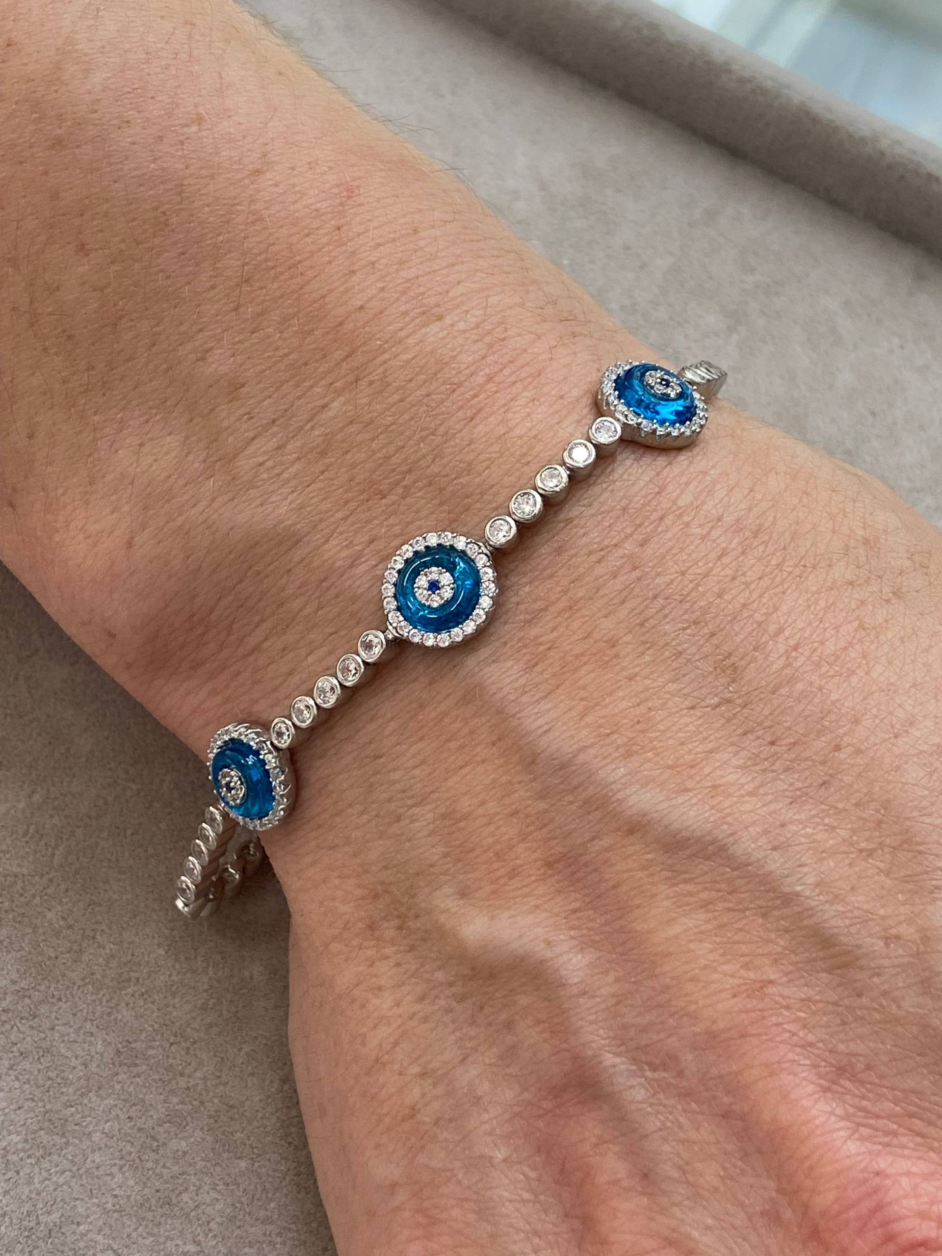 Silber Böses Auge Armband , Blaues Stein Tennis Handgemacht Schmuck 925K Sterling Geschenk Für Ihn von MercansilverTR