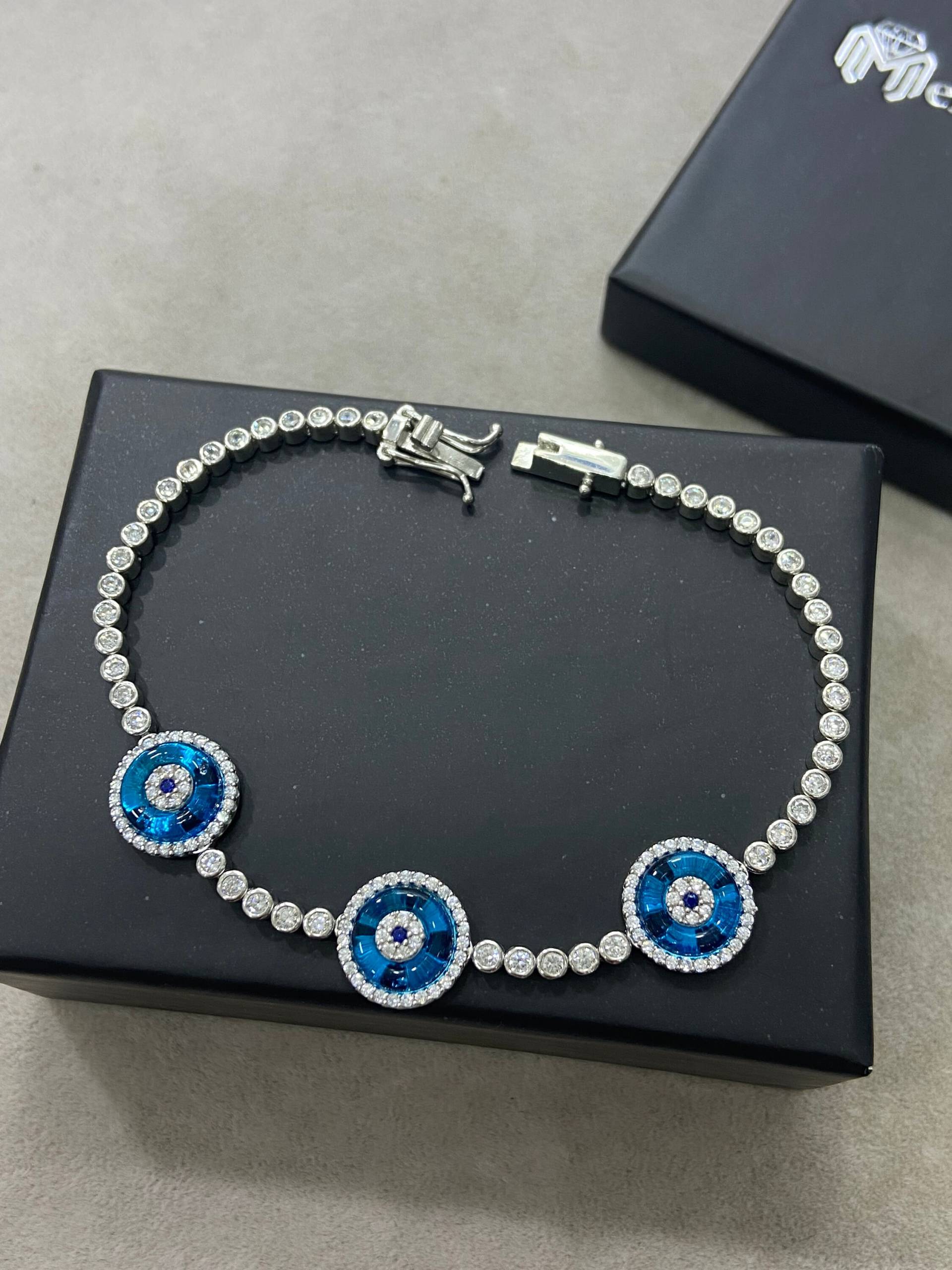 Silber Evil Eye Armband , Blue Tennis Charm Handmade Schmuck 925K Sterling von MercansilverTR