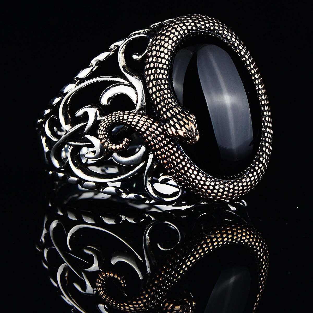 Silber Onyx Ring , Schlangen Modell Herren Gothic Design 925K Sterling Geschenk Für Ihn von MercansilverTR