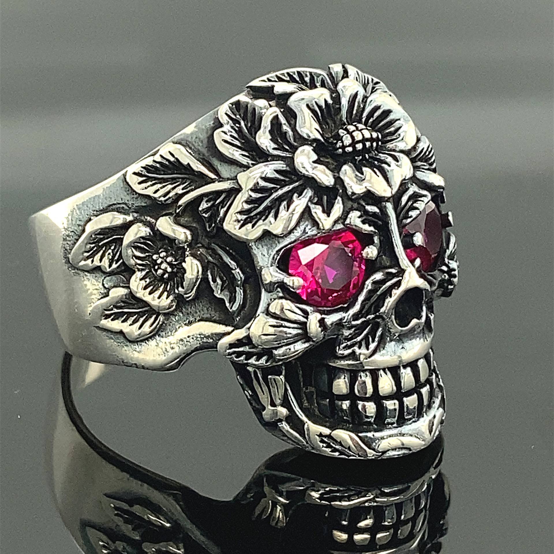 Silber Totenkopf Ring , Blumen Gothic Biker Style Unisex 925K Sterling von MercansilverTR