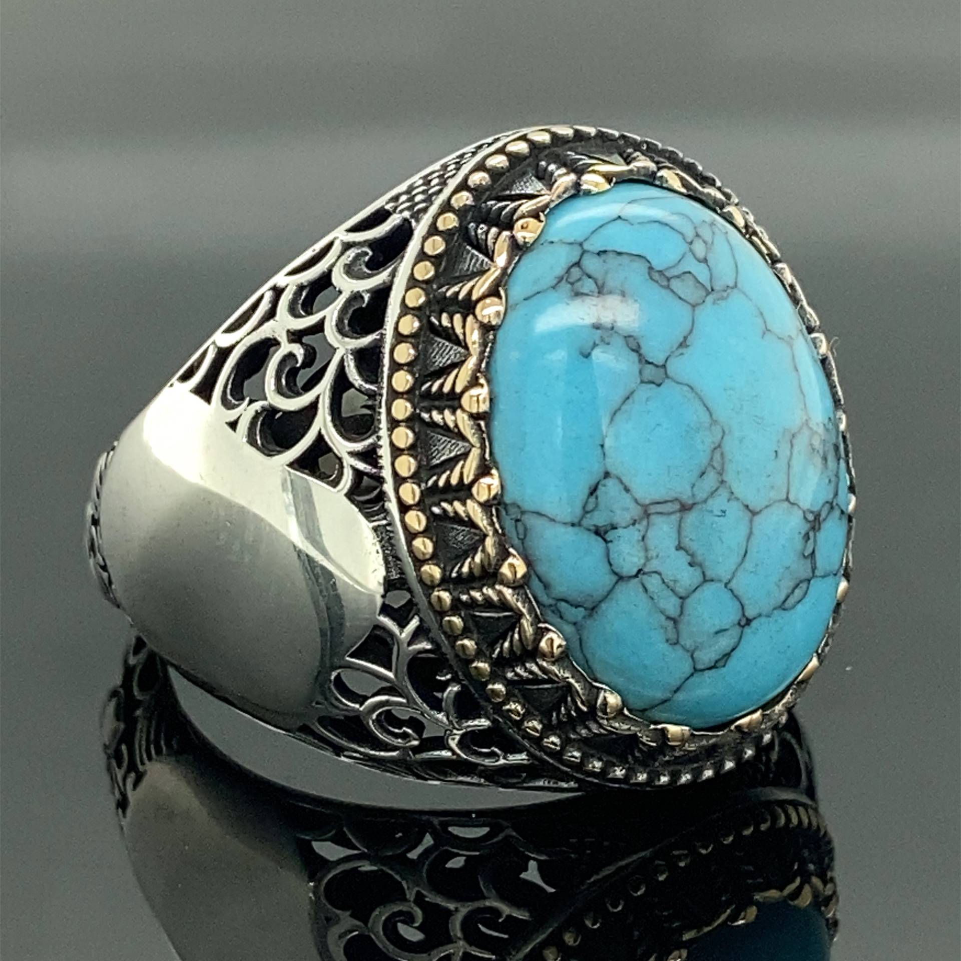 Sterling Silber Ring , Mann Türkis Stein Naturstein Handgefertigt Ottoman Herren 925K von MercansilverTR