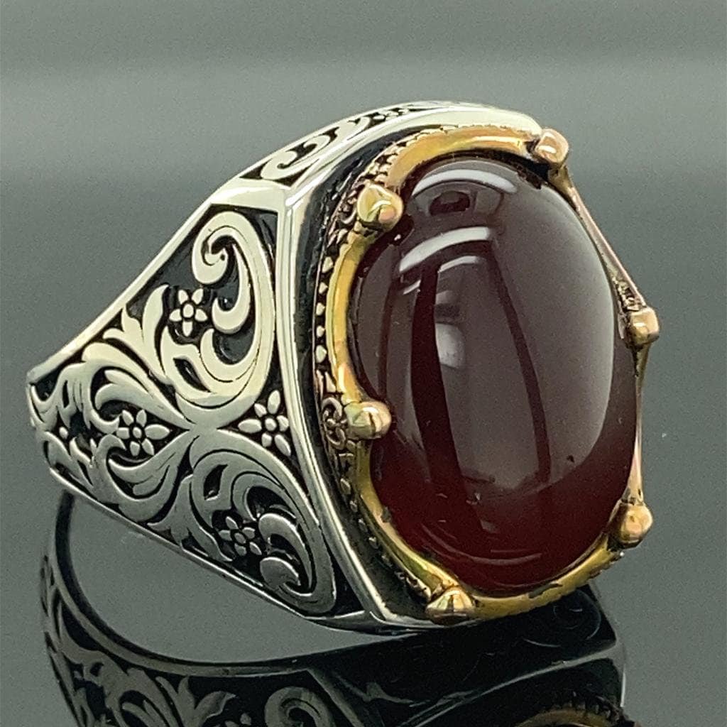 Turkısh Ring, Handgemachter Roter Achat Stein Dunkelroter Edelstein 925K Sterling Silber Geschenk Für Ihn von MercansilverTR