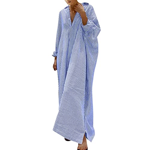 Jeanskleid, Hemdkleid, Baumwolle und Leinen, gestreift, für Damen, lässiges Maxi-Kleid, blau, Large von Mercatoo