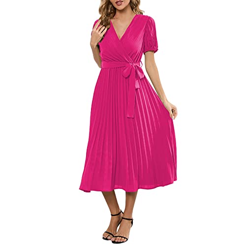 Kleid mit quadratischem Ausschnitt für Damen, V-Ausschnitt, Schnürung, kurze Ärmel, Plissee-Kleid, langes Kleid, Hot Pink, X-Large von Mercatoo