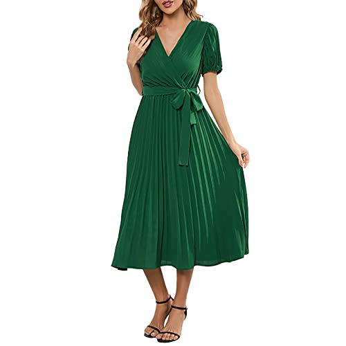Kleid mit quadratischem Ausschnitt für Damen, V-Ausschnitt, Schnürung, kurze Ärmel, Plissee-Kleid, langes Kleid, grün, X-Large von Mercatoo