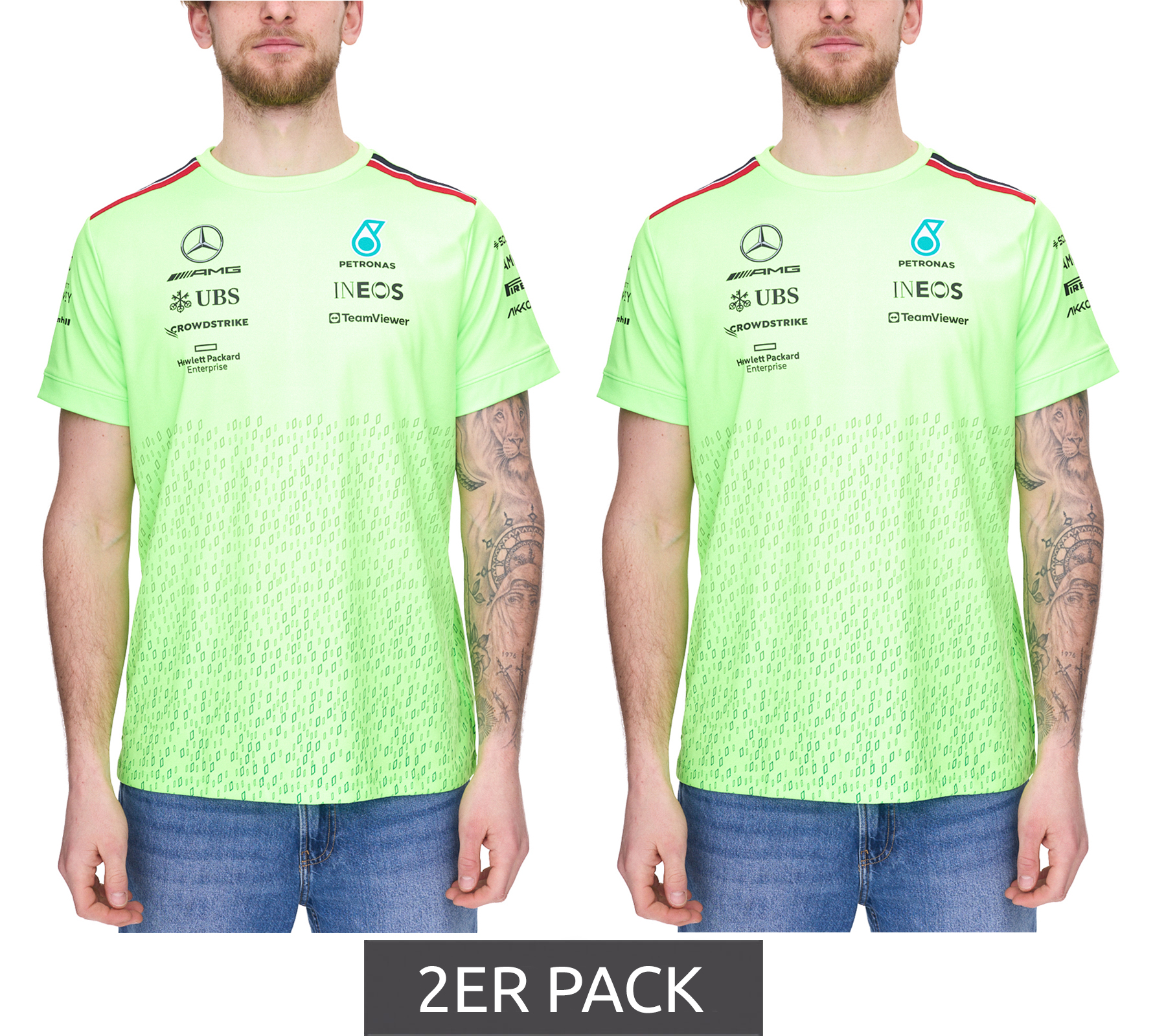 2er Pack Mercedes-Benz AMG Petronas F1 Herren T-Shirt mit Sponsoren-Logos Kurzarm-Shirt 701223440 001 Neon-Grün 2er Pack Mercedes-Benz AMG Petronas F1 Herren T-Shirt mit Sponsoren-Logos Kurzarm-Shirt 701223440 001 Neon-Grün von Mercedes-Benz