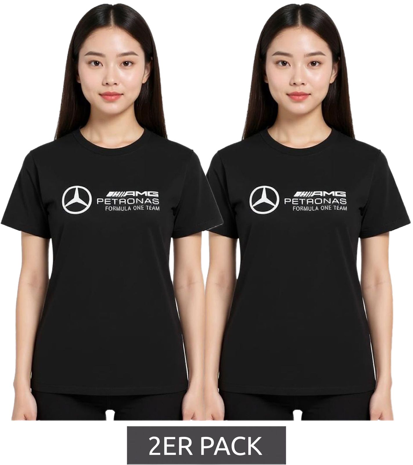 2er Pack Mercedes-Benz AMG Petronas F1 MAPF Damen T-Shirt Baumwoll-Shirt mit großem Logo Kurzarm-Shirt Sparpack 701227045 001 Schwarz von Mercedes-Benz