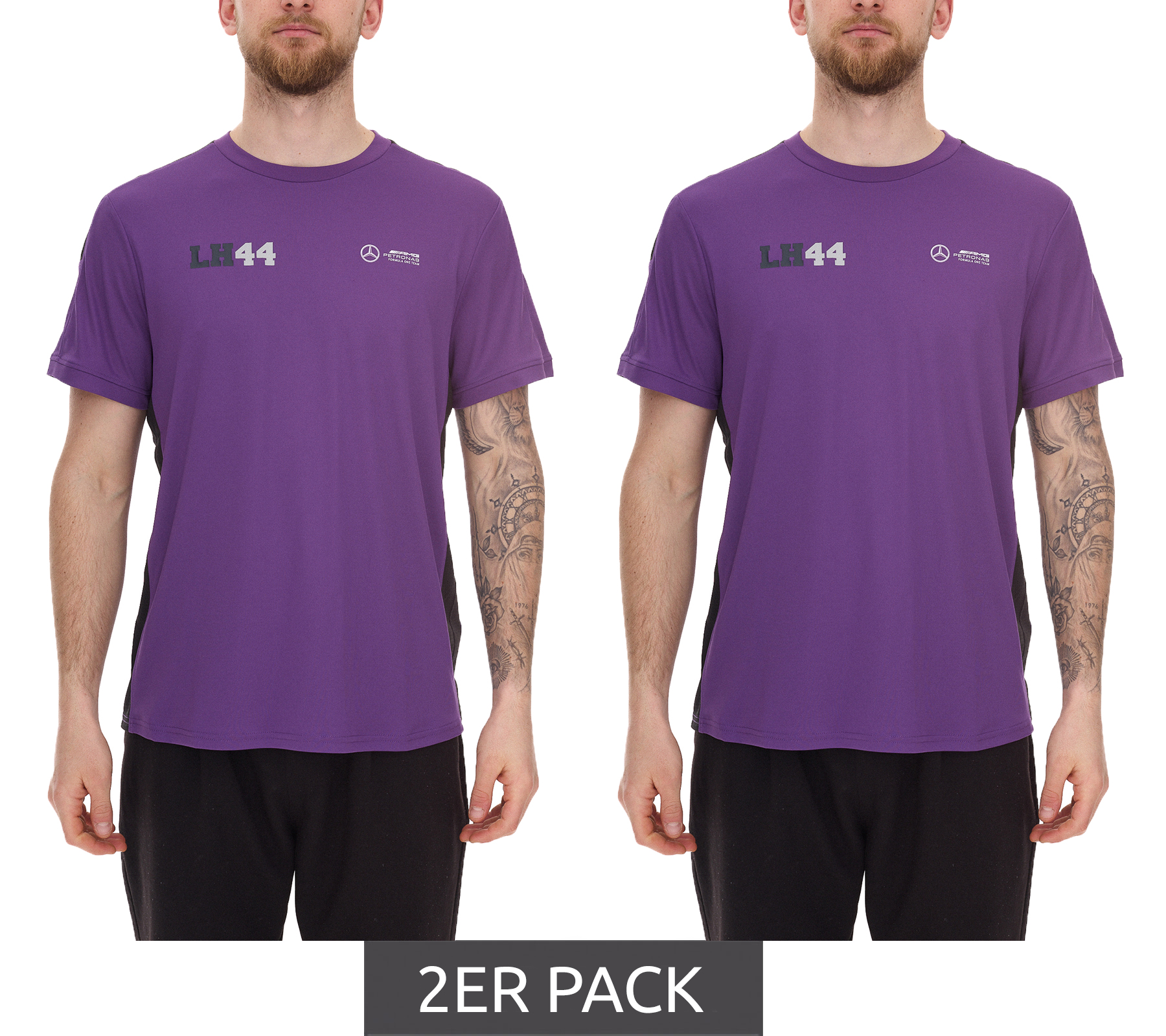 2er Pack Mercedes-Benz AMG Petronas F1 MAPF1 FW George Russell Herren Basic T-Shirt mit LH44-Print Alltags-Shirt 701222303 001 Lila 2er Pack Mercedes-Benz AMG Petronas F1 MAPF1 FW George Russell Herren Basic T-Shirt mit LH44-Print Alltags-Shirt 701222303 001 Lila von Mercedes-Benz