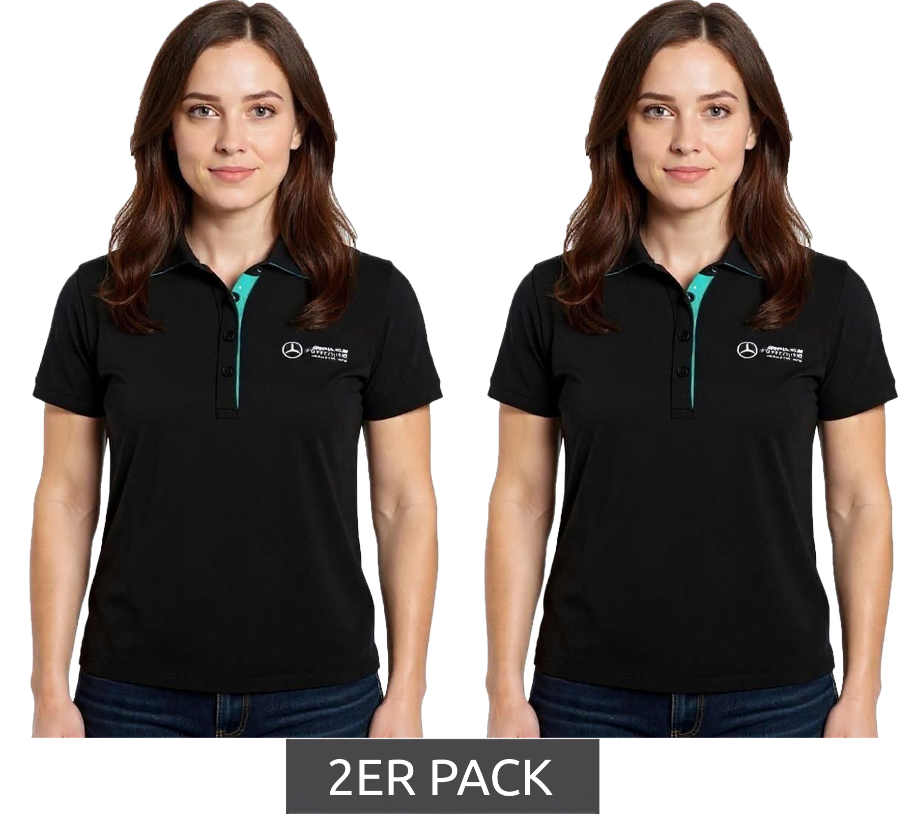 2er Sparpack Mercedes-Benz AMG Petronas F1 MAPF1 Polo Damen Baumwoll-Shirt Polo-Shirt mit Team-Logos und farblichen Akzenten Kurzarm-Shirt 701227044 001 Schwarz 2er Sparpack Mercedes-Benz AMG Petronas F1 MAPF1 Polo Damen Baumwoll-Shirt Polo-Shirt mit Team-Logos und farblichen Akzenten Kurzarm-Shirt 701227044 001 Schwarz von Mercedes-Benz