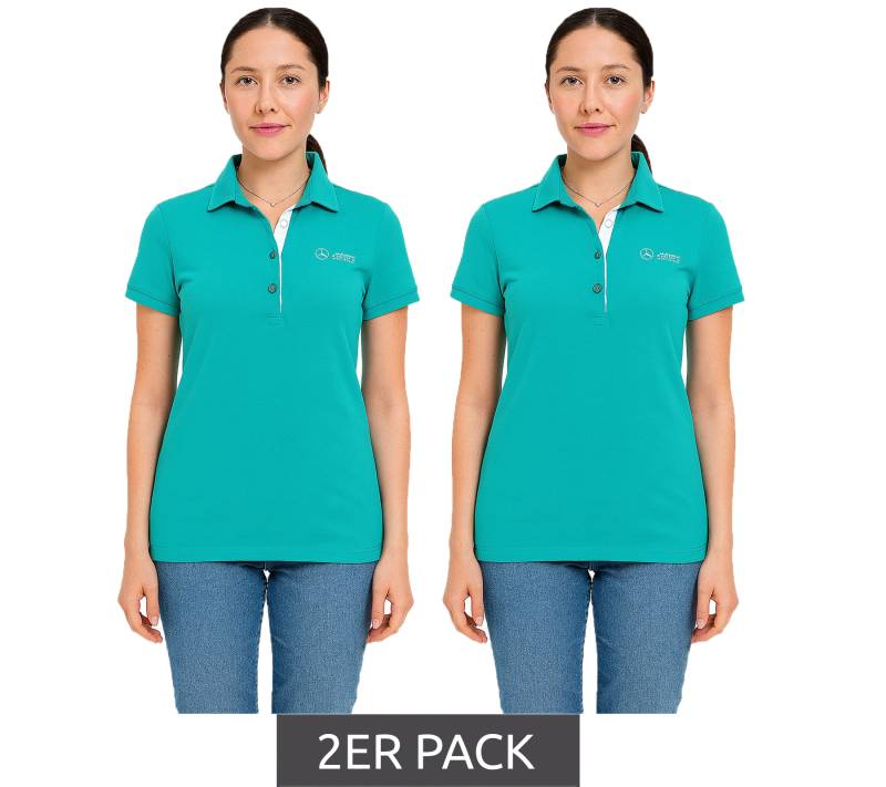 2er Sparpack Mercedes-Benz AMG Petronas F1 MAPF1 Polo Damen Baumwoll-Shirt Polo-Shirt mit Team-Logos und farblichen Akzenten Kurzarm-Shirt 701227044 002 Türkis-Grün von Mercedes-Benz
