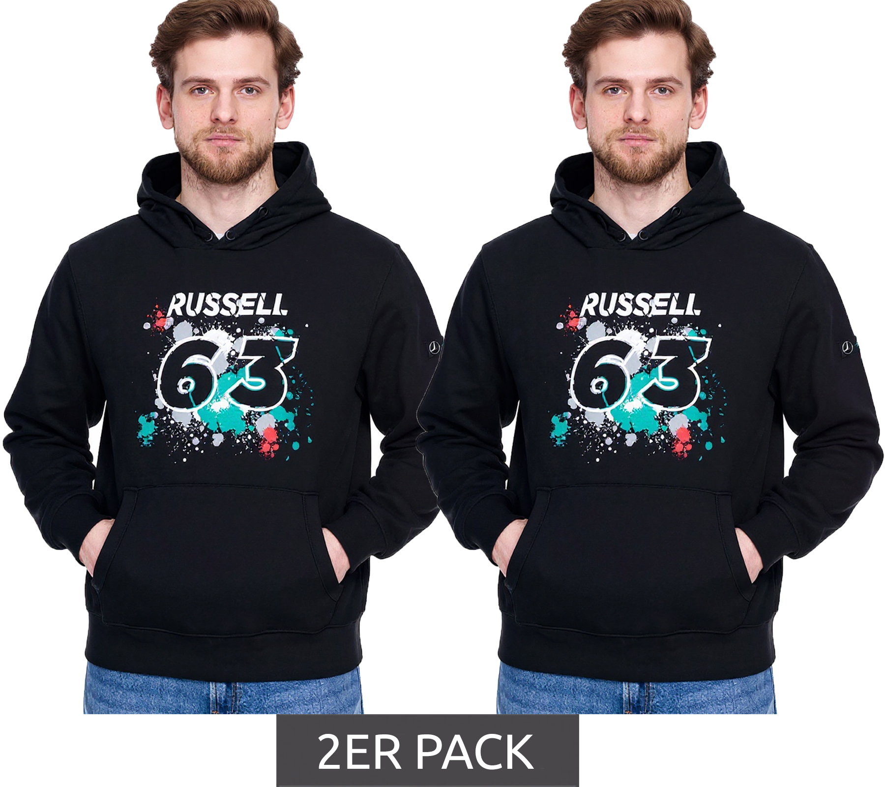 2er Sparpack Mercedes-Benz AMG Petronas George Russell #63 Herren Hoodie Bio-Baumwoll Kapuzen-Pullover Sweater 701220835 001 Schwarz von Mercedes-Benz