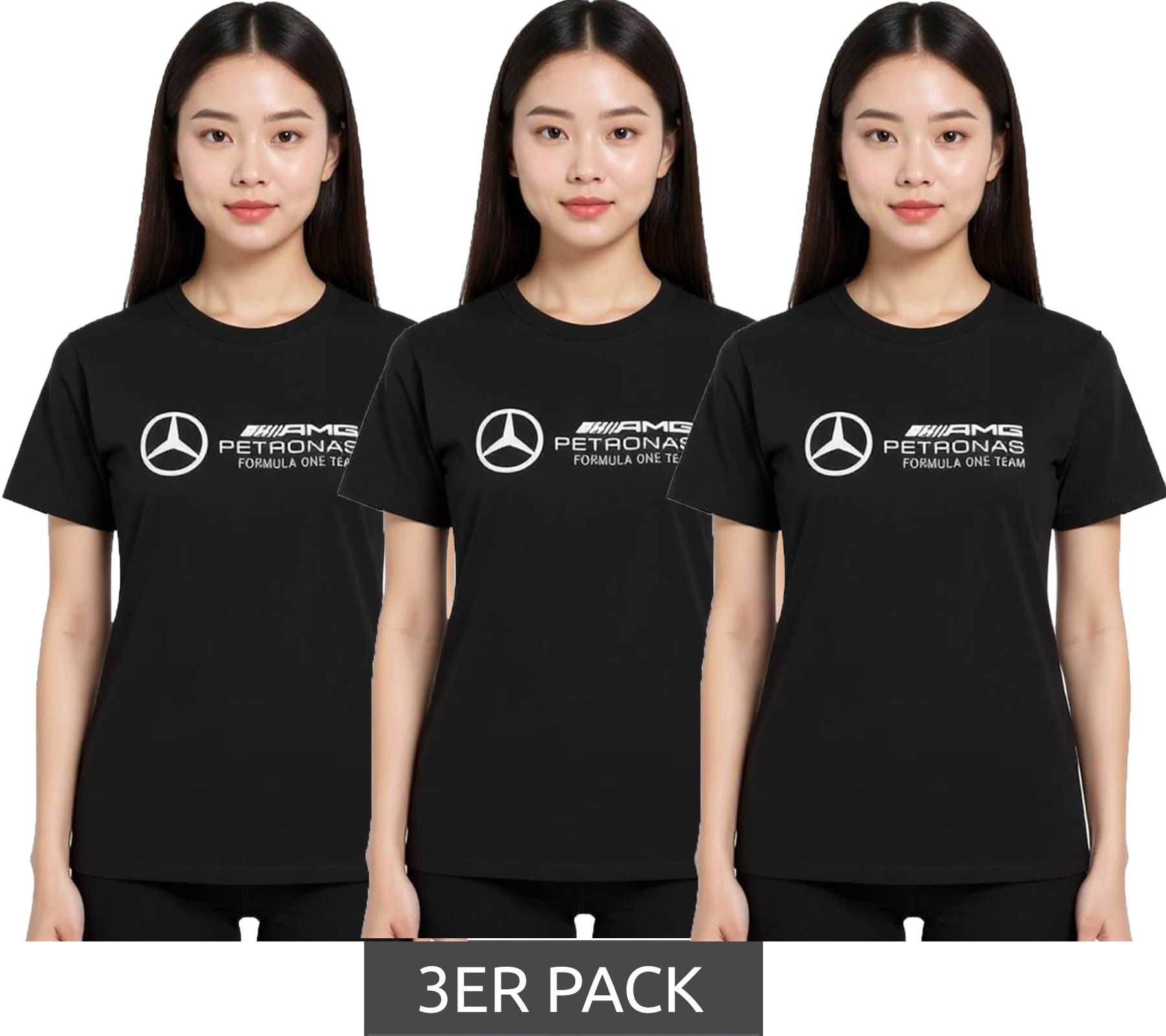 3er Sparpack Mercedes-Benz AMG Petronas F1 MAPF Damen T-Shirt Baumwoll-Shirt mit großem Logo Kurzarm-Shirt 701227045 001 Schwarz 3er Sparpack Mercedes-Benz AMG Petronas F1 MAPF Damen T-Shirt Baumwoll-Shirt mit großem Logo Kurzarm-Shirt 701227045 001 Schwarz von Mercedes-Benz