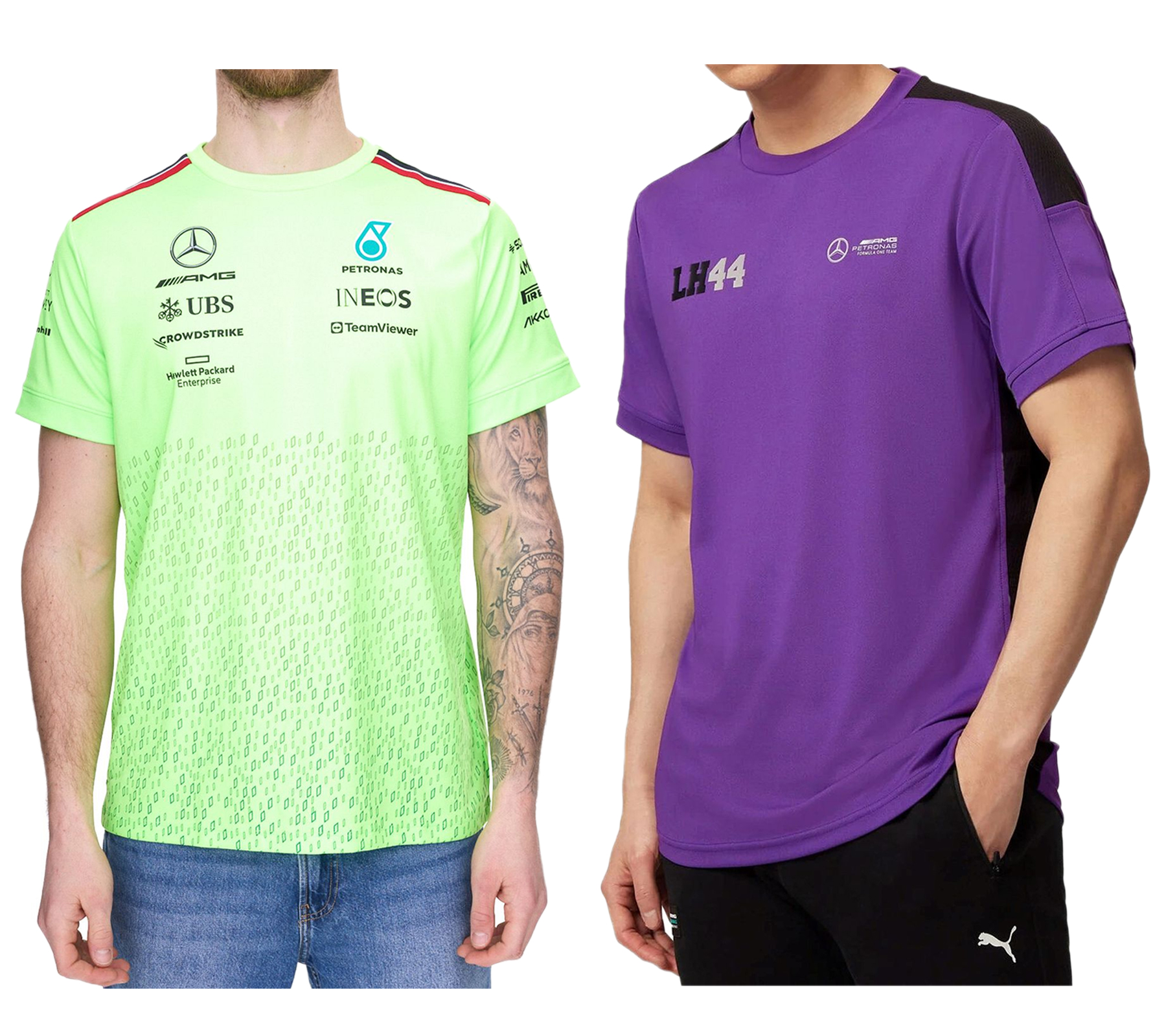 Mercedes-Benz AMG Petronas F1 Herren T-Shirt mit Sponsoren-Logos oder George Russell-Print Kurzarm-Shirt Neon-Grün oder Lila Mercedes-Benz AMG Petronas F1 Herren T-Shirt mit Sponsoren-Logos oder George Russell-Print Kurzarm-Shirt Neon-Grün oder Lila von Mercedes-Benz