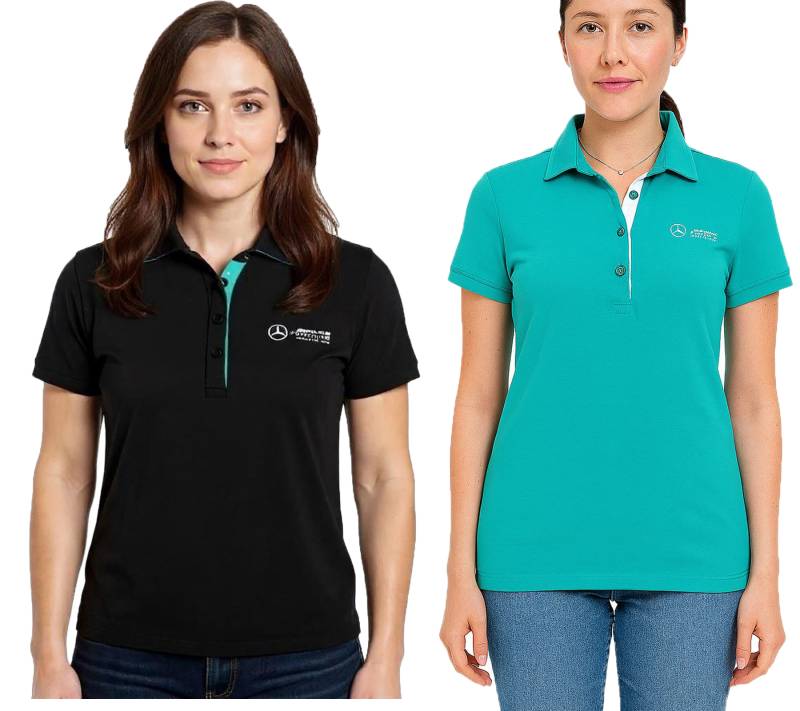 Mercedes-Benz AMG Petronas F1 MAPF1 Polo Damen Baumwoll-Shirt Polo-Shirt mit Team-Logos und farblichen Akzenten Kurzarm-Shirt 701227044 Türkis-Grün oder Schwarz von Mercedes-Benz