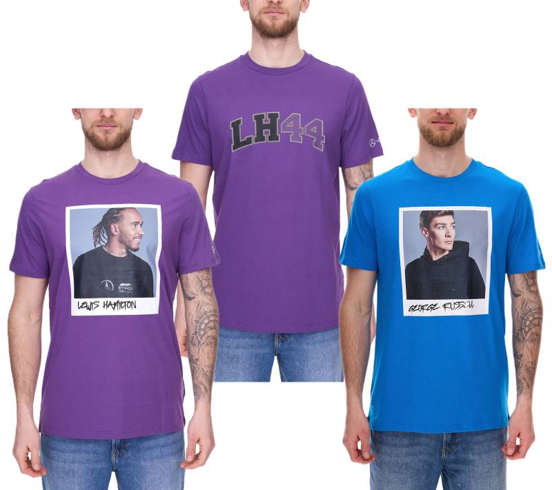 Mercedes-Benz AMG Petronas F1 MAPF1 Portrait oder Logo Herren Baumwoll-Shirt mit George Russel Print Rundhals-Shirt 701222296-701222304 Blau oder Lila von Mercedes-Benz