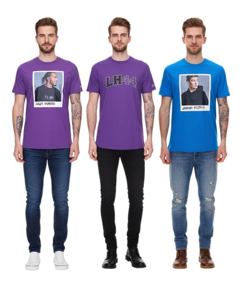Mercedes-Benz AMG Petronas F1 MAPF1 Portrait oder Logo Herren Baumwoll-Shirt mit George Russel Print Rundhals-Shirt 701222296-701222304 Blau oder Lila von Mercedes-Benz