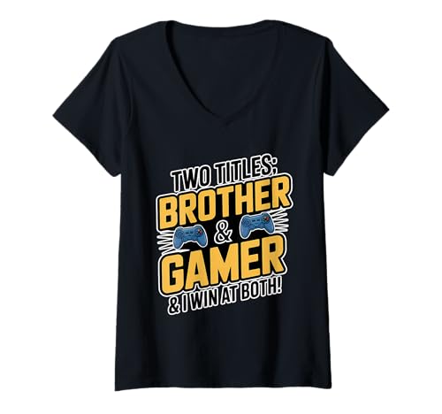 Damen Brother & Gamer I gewinne bei Both Fun Sibling Christmas Gaming T-Shirt mit V-Ausschnitt von Merch For Gamers