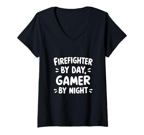 Damen Firefighter by Day Gamer bei Nacht T-Shirt mit V-Ausschnitt von Merch For Gamers