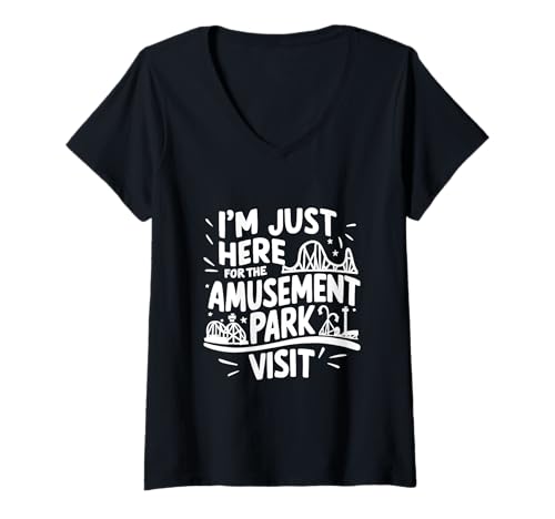 Damen Ich Bin nur Hier für den Vergnügungspark Besuch Fun Achterbahn T-Shirt mit V-Ausschnitt von Merch For Gamers