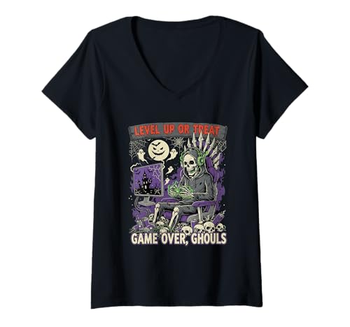 Damen Level Up Or Treat Game Over Ghouls Halloween Skelett Gamer T-Shirt mit V-Ausschnitt von Merch For Gamers