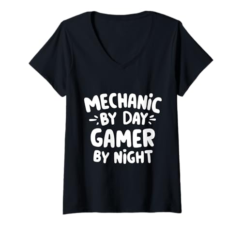 Damen Mechaniker von Day Gamer by Night Autoreparatur Autospiel-Humor T-Shirt mit V-Ausschnitt von Merch For Gamers