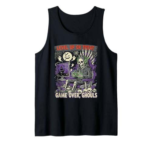 Herren Level Up Or Treat Game Over Ghouls Halloween Skelett Gamer Tank Top von Merch For Gamers