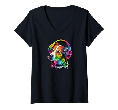 Damen Jack Russel Terrier mit Kopfhörern Haustiere Musik Fan Hunde T-Shirt mit V-Ausschnitt von Merch Stoff für Terrier Hunde Haustiere Vierbeiner