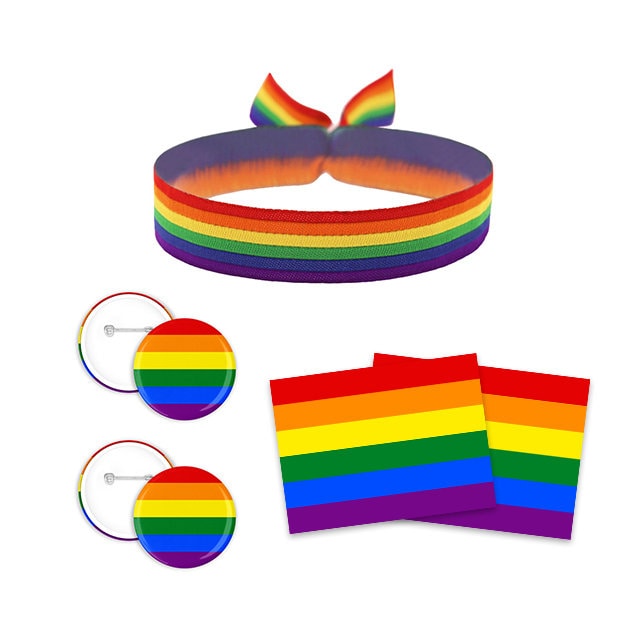Regenbogen Paket 1x Bändchen - 2x Buttons 10x Sticker von Merchbaendchen