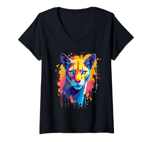 Damen Puma Bunte Kunst Kunstwerk Tier Motiv Puma T-Shirt mit V-Ausschnitt Damen Puma Bunte Kunst Kunstwerk Tier Motiv Puma T-Shirt mit V-Ausschnitt von Merchfun Animal Art