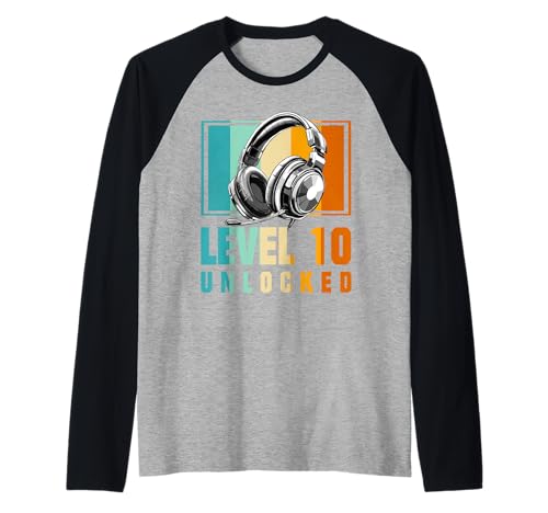 10. Geburtstag Junge Video Gamer Level 10 Unlocked Jungen Raglan von Merchfun Geburtstag Junge