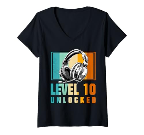 Damen 10. Geburtstag Junge Video Gamer Level 10 Unlocked Jungen T-Shirt mit V-Ausschnitt von Merchfun Geburtstag Junge