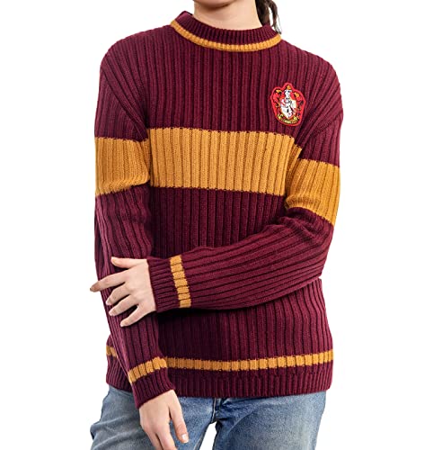 Harry Potter Gryffindor Quidditch Pullover: Hogwarts House Gryffindor Quidditch Uniform Replik Rippstich Strickpullover Rundhals Pullover für Damen und Herren, Rot, Gold, L von Merchoid