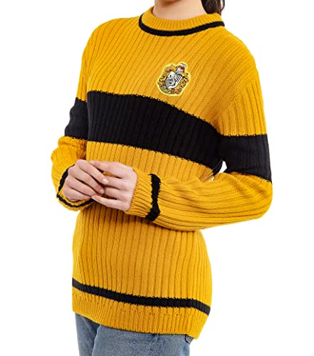 Harry Potter Hufflepuff Quidditch Pullover:Hogwarts Haus Hufflepuff Quidditch Uniform Replik Rippstich Strickpullover Rundhals Pullover für Damen und Herren, Gelb / Schwarz, XS von Merchoid