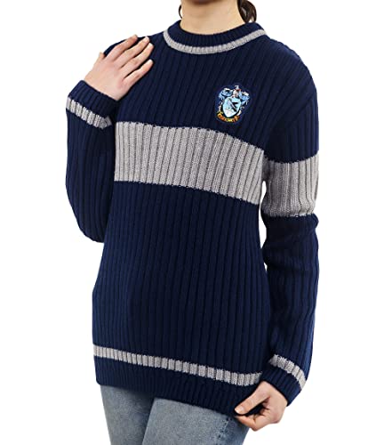 Harry Potter Ravenclaw Quidditch Pullover: Hogwarts Haus Ravenclaw Quidditch Uniform Nachbildung Rippstich Strickpullover Rundhals für Damen und Herren, blau / silber, XS von Merchoid