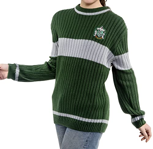 Harry Potter Slytherin Quidditch Pullover: Hogwarts Haus Slytherin Quidditch Uniform Nachbildung Rippstich Strickpullover Rundhals für Damen und Herren, Grün, Silber, XS von Merchoid