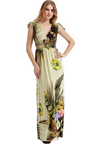 Merciy Maxi Sommerkleid, Strandkleid, lang, ärmellos, Boheme, bedruckt, schick, V-Ausschnitt, für Damen, beige, XXL von Merciy