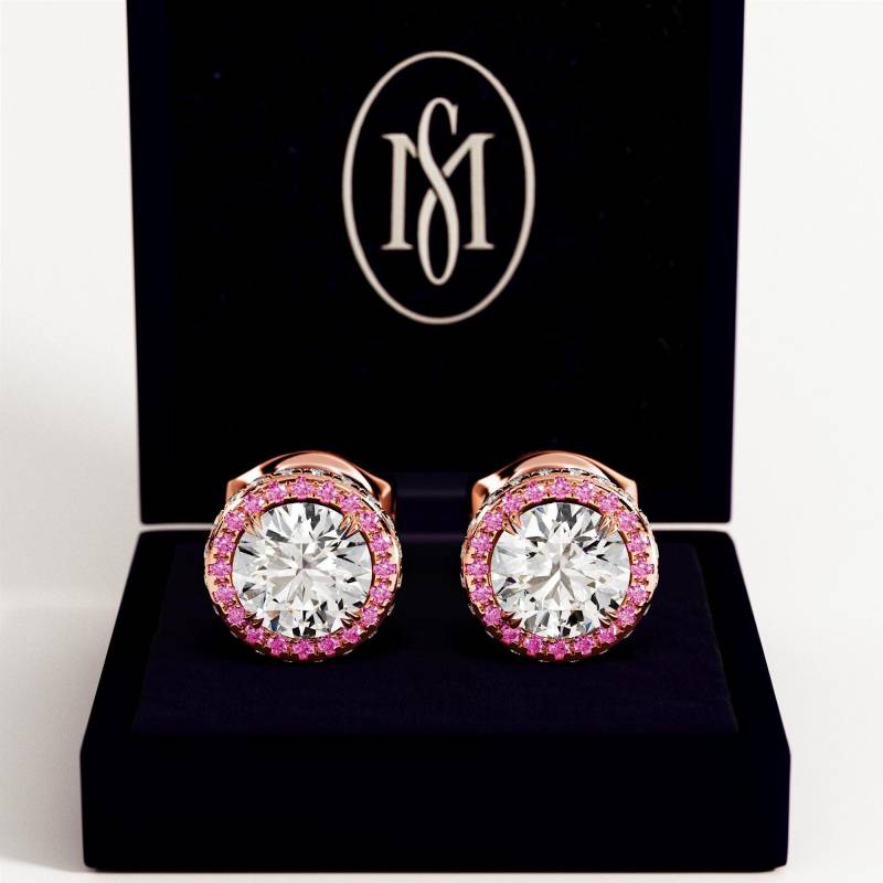 Labor Gewachsene Diamant Ohrstecker Pink Saphir Double Halo, 585Er Gelbgold von MercuryAndSol
