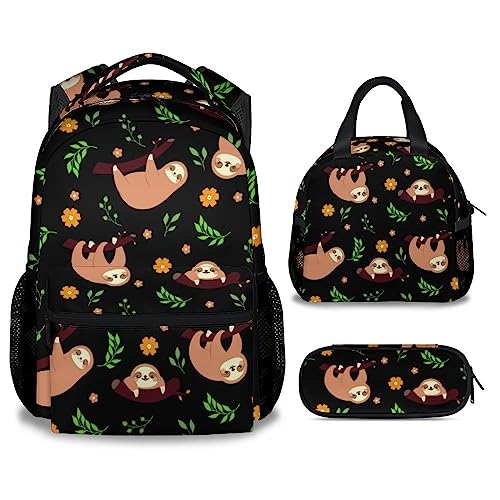 Mercuryelf Faultier Mädchen Jungen Rucksack mit Lunchbox-Set, 3-in-1 Schulreise-Rucksäcke passende Kombination, niedliche schwarze Büchertasche und Federmäppchen Bundle von Mercuryelf