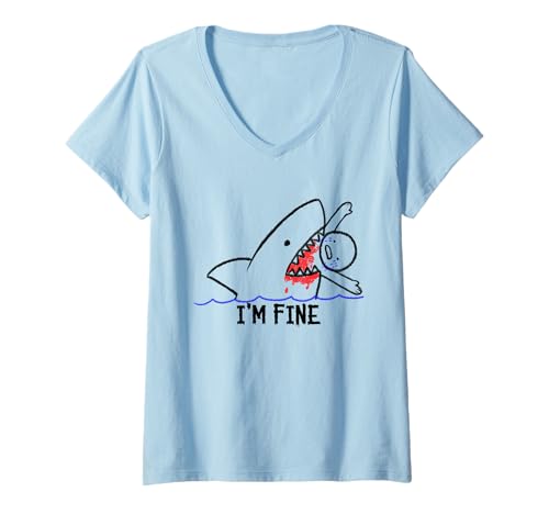Damen I'm Fine Shark Attack Verdammt lustiger Mann, der Stockmännchen isst T-Shirt mit V-Ausschnitt Damen I'm Fine Shark Attack Verdammt lustiger Mann, der Stockmännchen isst T-Shirt mit V-Ausschnitt von Merdesclu Inc.