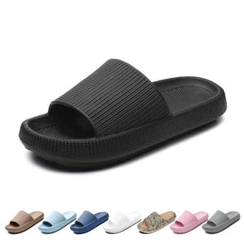 Merdoo Cozislides Original Damen Hausschuhe Herren Rutschfeste Schnell Trocknende Badelatschen Dicke Sohle Badeschlappen Weich Wolkenschuhe Leichte Cloud Slippers Cozy Slides Mode Schwarz 46-47EU von Merdoo