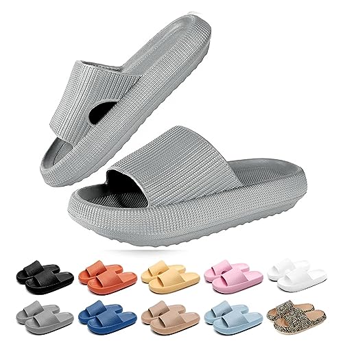 Merdoo Cozislides Original Damen Hausschuhe Herren Rutschfeste Schnell Trocknende Badelatschen Dicke Sohle Badeschlappen Weich Wolkenschuhe Leichte Cloud Slippers Cozy Slides Unisex Grau 44-45EU von Merdoo