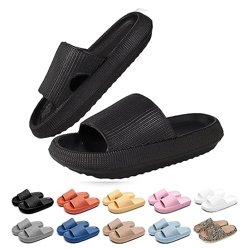 Merdoo Cozislides Original Damen Hausschuhe Herren Rutschfeste Schnell Trocknende Badelatschen Dicke Sohle Badeschlappen Weich Wolkenschuhe Leichte Cloud Slippers Cozy Slides Unisex Schwarz 44-45EU von Merdoo