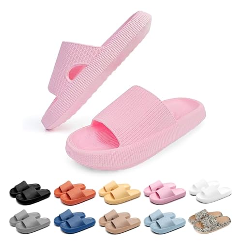 Merdoo Cozislides Original Damen Hausschuhe Herren Rutschfeste Schnell Trocknende Badelatschen Dicke Sohle Badeschlappen Weich Wolkenschuhe Leichte Cloud Slippers Cozy Slides Unisex Rosa 44-45EU von Merdoo