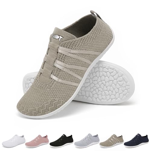Merdoo Barfußschuhe Damen Herren Bequeme Barfuss Schuhe Damen Slip On Sneakers Weich Sportschuhe Leicht Turnschuhe rutschfest Laufschuhe Atmungsaktiv Barfussschuhe Walkingschuhe Unisex Beige 43EU von Merdoo