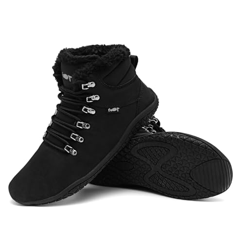 Merdoo Winter Barfußschuhe Damen Herren Wasserabweisend Barfuß Winterschuhe Warm Gefüttert Stiefeletten Breite Zehenbox Barefoot Shoes Rutschfest Sneaker Leder Walking Schuhe Unisex Schwarz 43EU von Merdoo
