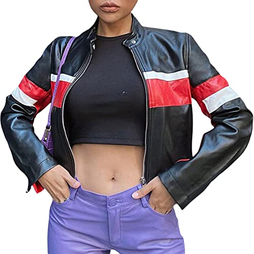 Damen Vintage Zip Up Crop Lederjacke Y2K Langarm Stehkragen Casual Slim Fit Motorrad Racing Jacken Streetwear, rot, 42 von Merfrede