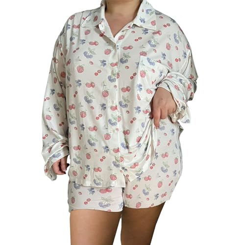 Merfrede 2-teiliges Pyjama-Set für Damen, süßes Y2K, langärmelig, Button-Down-Shirt, Top, Shorts, Lounge-Outfits, Weiße Erdbeere, 46 von Merfrede