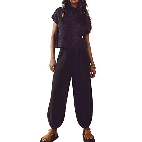 Merfrede Damen Gerippter Strick 2-teilige Outfits Y2K Langarm Reißverschluss Kapuzenpullover Hohe Taille Weites Bein Skinny Hosen Set Loungewear, C Schwarz, 36 von Merfrede