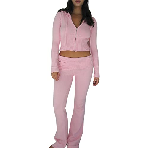 Merfrede Damen Gerippter Strick 2-teilige Outfits Y2K Langarm Reißverschluss Kapuzenpullover Hohe Taille Weites Bein Skinny Hosen Set Loungewear, Rosa, 36 von Merfrede