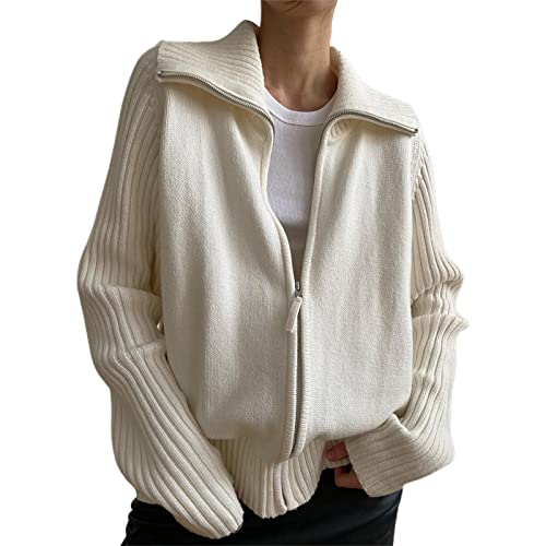 Merfrede Damen Lässiger Reißverschluss Langarm Strickpullover Einfarbig Lose Dehnbar Häkeln Rollkragen Cardigan Ästhetische Strickwaren, weiß, L von Merfrede